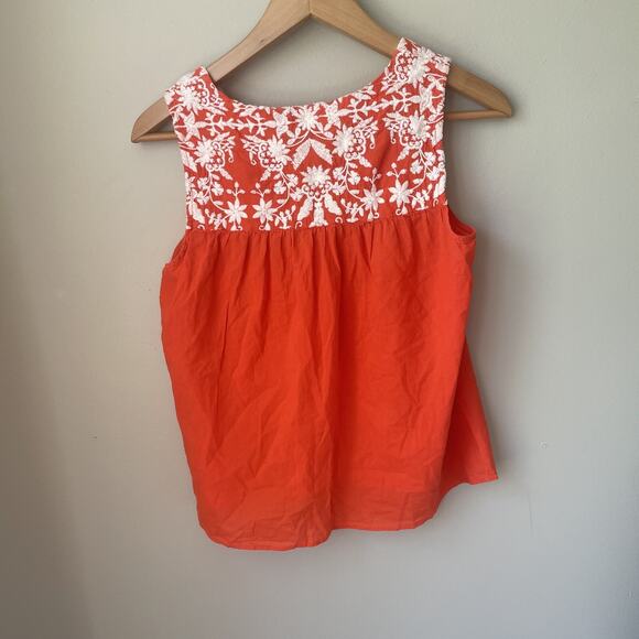 Talbots Orange White Floral Embroidery Voile Shell Top Sleeveless 100% Cotton Mp - Picture 8 of 10